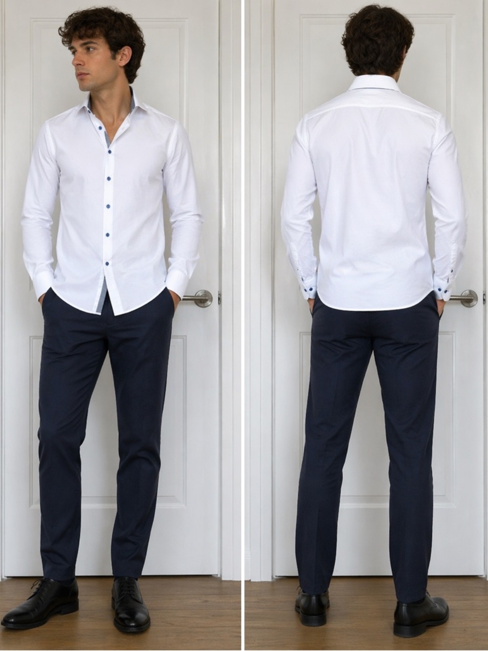 White Button Down Shirt with Blue Accents